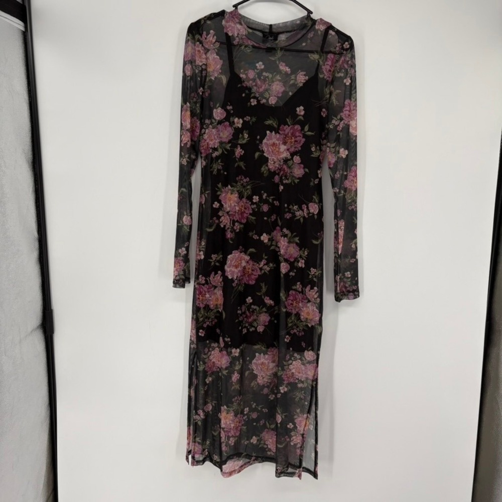 Oak & Trellis Mesh Floral Midi Dress XL Black Pink Sheer Overlay Mock Neck‎ Slit